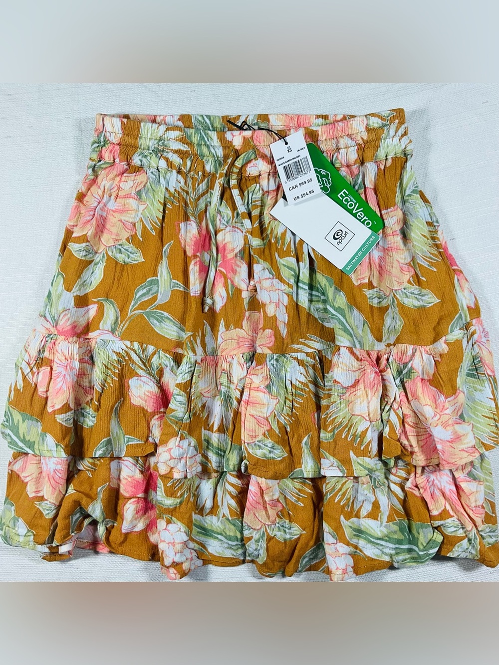 NWT RIP CURL Always Summer Gold Pink Tropical Floral Tiered Ruffle Mini Skirt XS